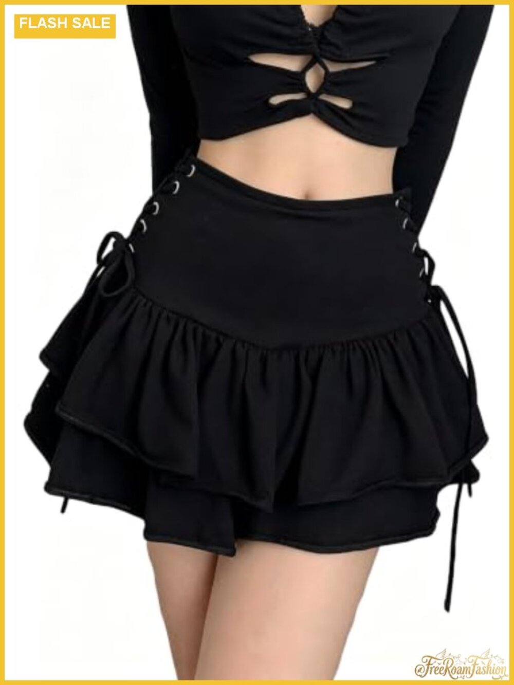 Y2k Goth Ruffle Mini Skirt High Waist Punk Pleated Lace Up Polycotton